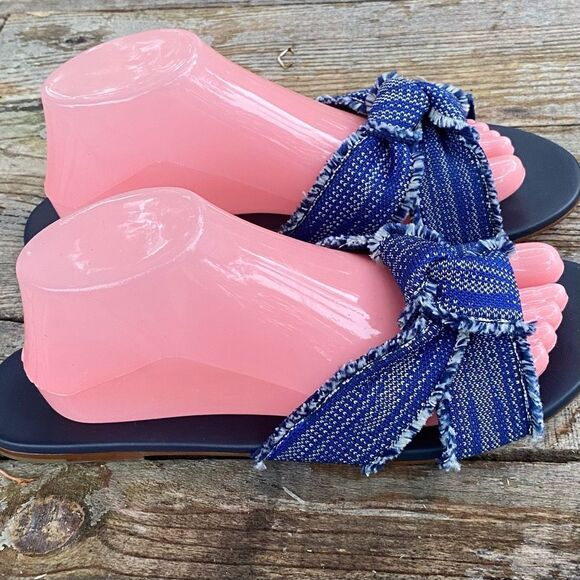ROTHY'S The Knot Indigo Blue Denim Frayed Slip on Sandals Wm’s Sz 9.5 - Picture 3 of 7